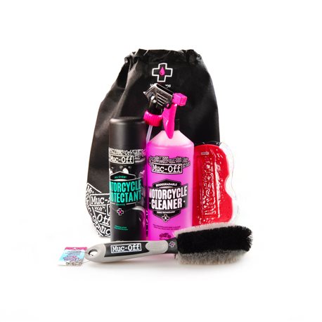 KIT COMPLETO CUIDADO MOTO (PROTECTANT + CLEANER + ESPONJA + CEPILLO) MUC-OFF MOTORCYCLE ESSENTIALS