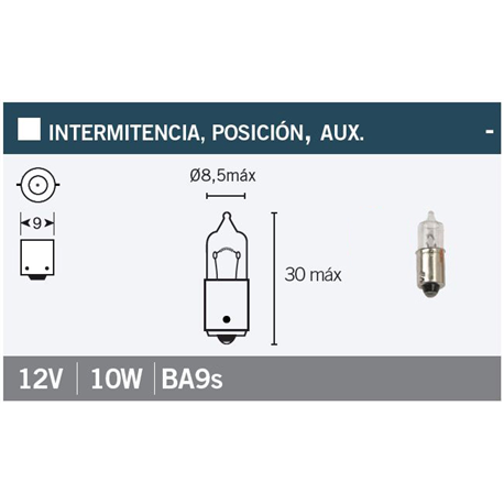 LAMPARA BAYONETA 9 MM 12VX10W. BLANCA