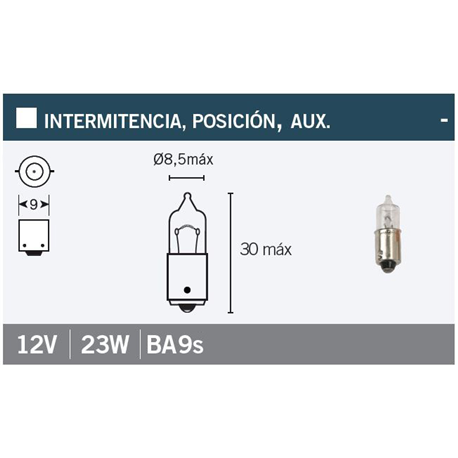 LAMPARA BAYONETA 9 MM 12VX23W. BLANCA