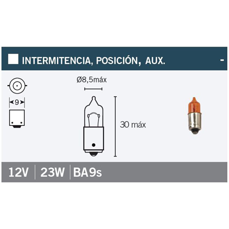 LAMPARA BAYONETA 9 MM 12VX23W. NARANJA