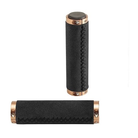 POIGNEE VELO 130MM SIMILI CUIR NOIR LOCK ON ALU COULEUR BRONZE