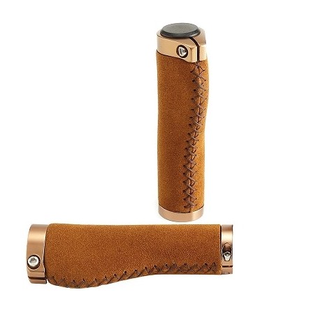 POIGNEE VELO ERGONOMIQUE 137MM EN SIMILI CUIR MARRON LOCK ON EN ALU COULEUR BRONZE ET COUTURE LATERALE EN CORDE