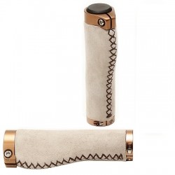 POIGNEE VELO ERGONOMIQUE 137MM EN SIMILI CUIR CREME LOCK ON EN ALU COULEUR BRONZE ET COUTURE LATERALE EN CORDE