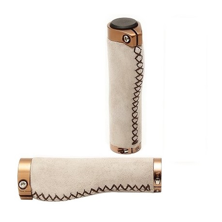 POIGNEE VELO ERGONOMIQUE 137MM EN SIMILI CUIR CREME LOCK ON EN ALU COULEUR BRONZE ET COUTURE LATERALE EN CORDE