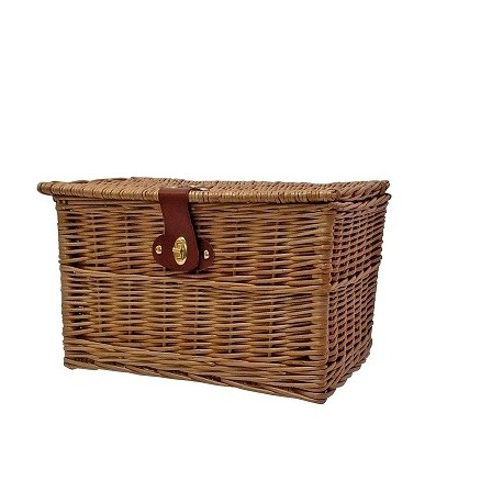 PANIER AVANT/ARRIERE EN OSIER TRESSE VERNIS MARRON FONCE AVEC COUVERCLE BLOCABLE 34X23X25CM